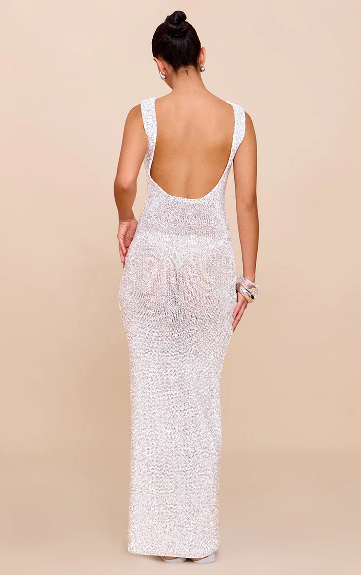 Cream Sequin Knit Scoop Back Maxi Dress