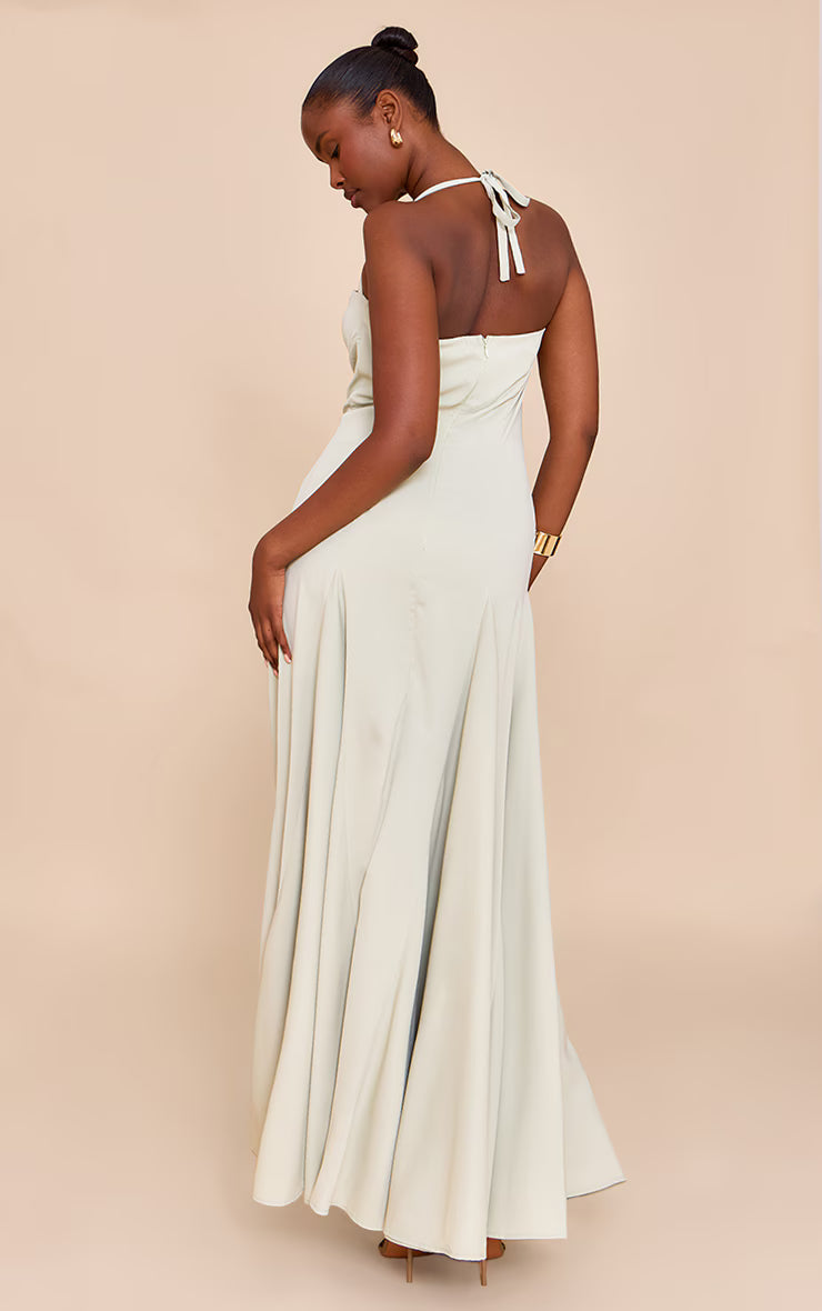 Sage Woven Halterneck Ruched Bust Detail Maxi Dress