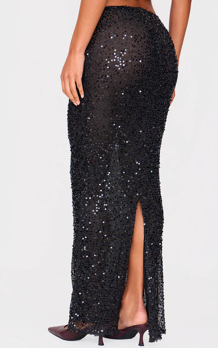 Black Sequin Textured Mid Rise Maxi Skirt