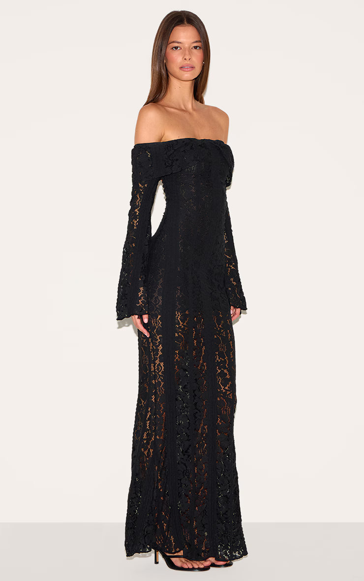 Black Lace Fold Over Bandeau Maxi Dress
