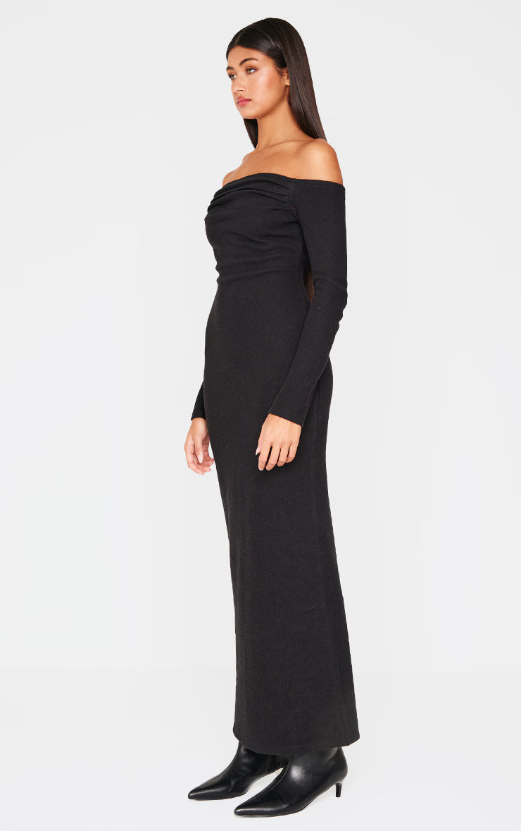 Black Heavy Rib Bardot Long Sleeve Maxi Dress