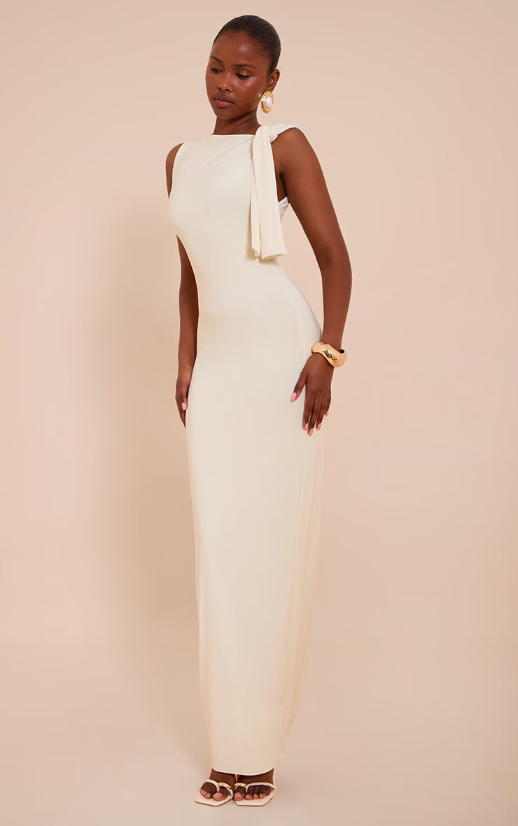Butter Cream Slinky Knot Drape Midaxi Dress