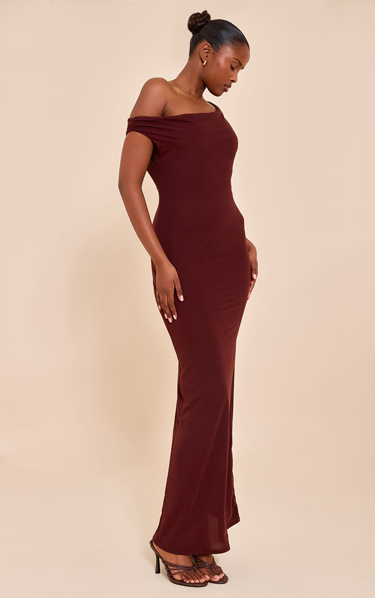 Chocolate Double Layered Chiffon Asymmetric Maxi Dress