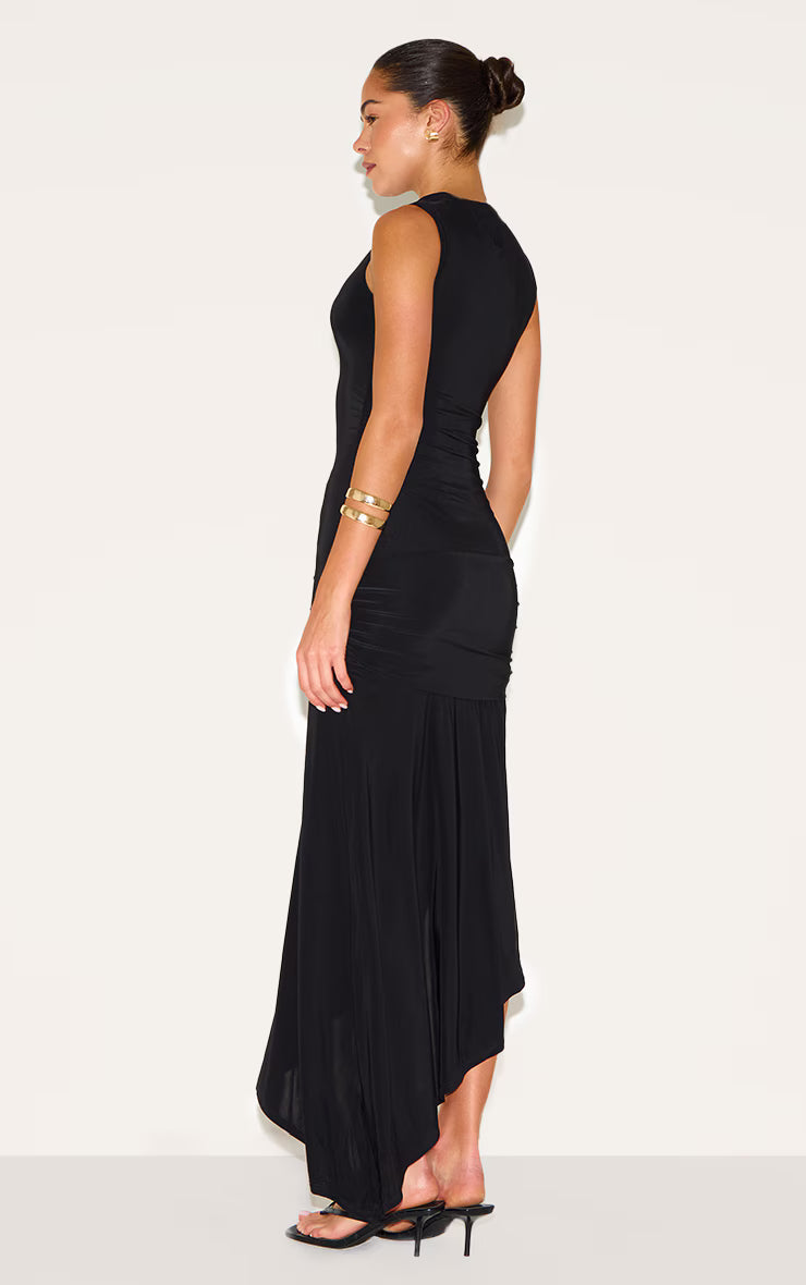 Black Double Layer Slinky Asymmetrical Ruched Midaxi Dress