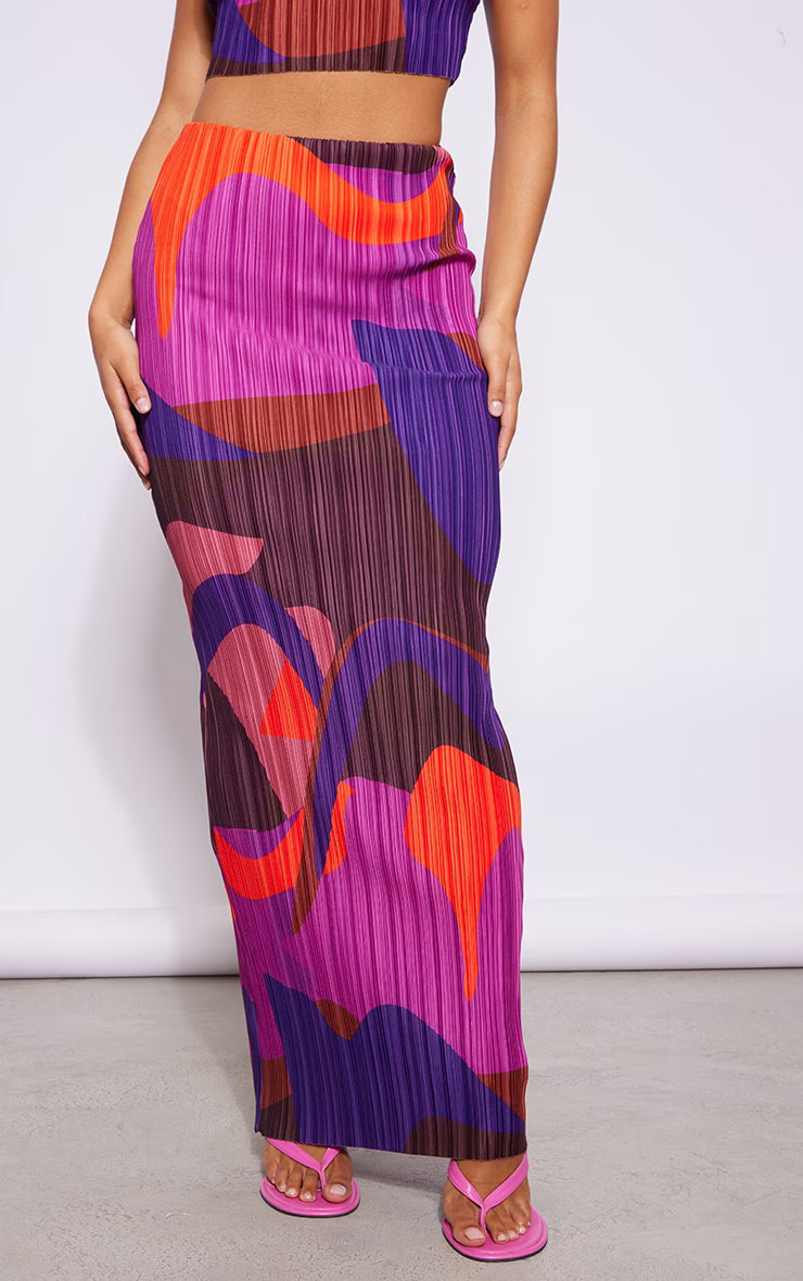 Pink Print Plisse Maxi Skirt