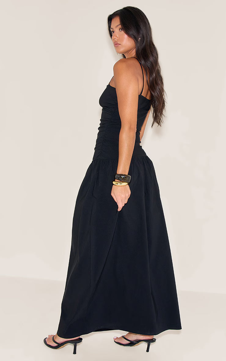 Black Stretch Woven Strappy Ruched Maxi Dress
