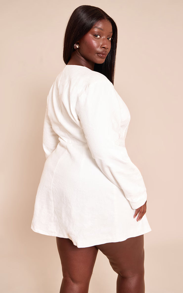 Plus White Premium Linen Cinched Waist Cocoon Sleeve Mini Dress