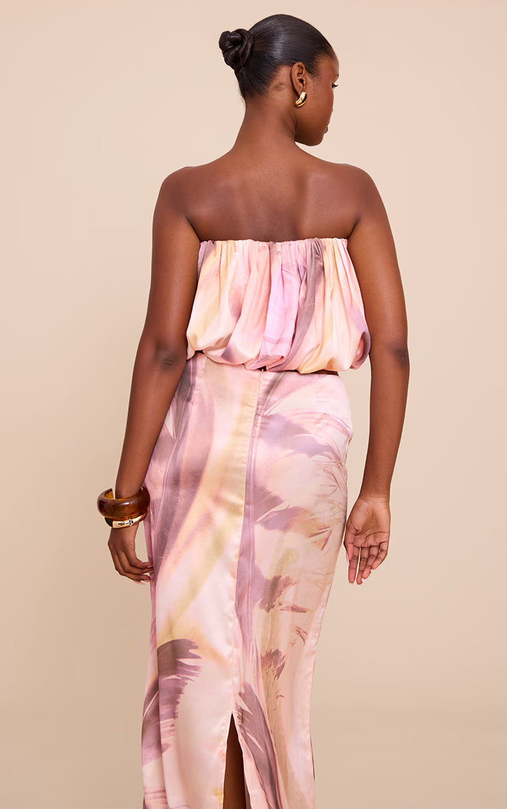 Multi Abstract Print Satin Puffball Bandeau Top