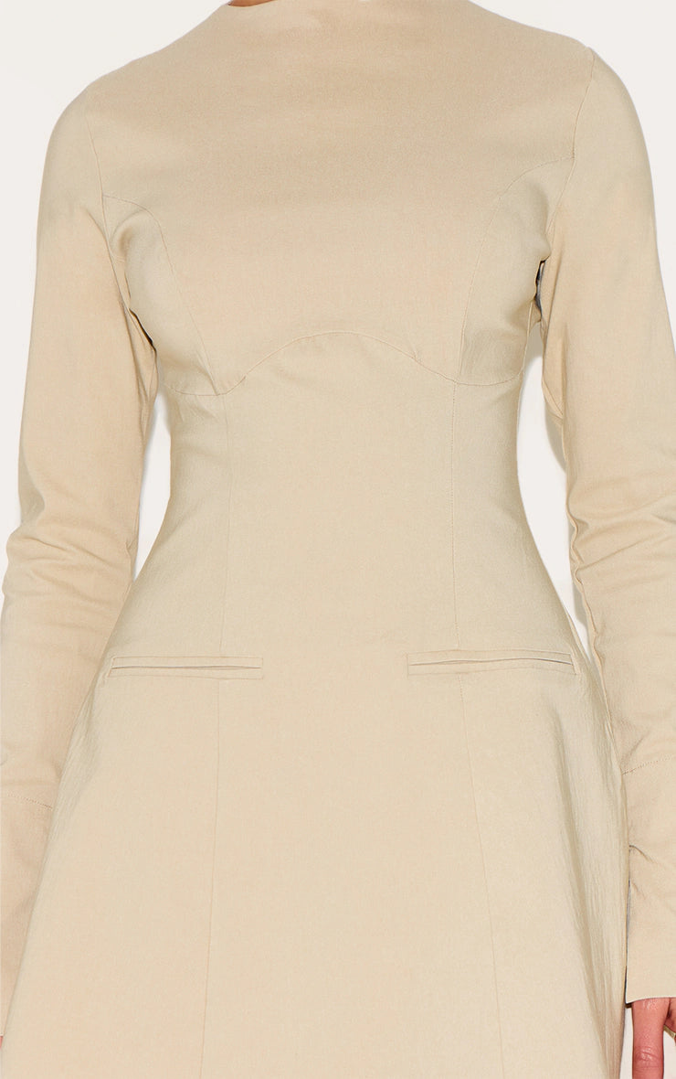 Beige Woven Boat Neck Flare Sleeve Shift Dress