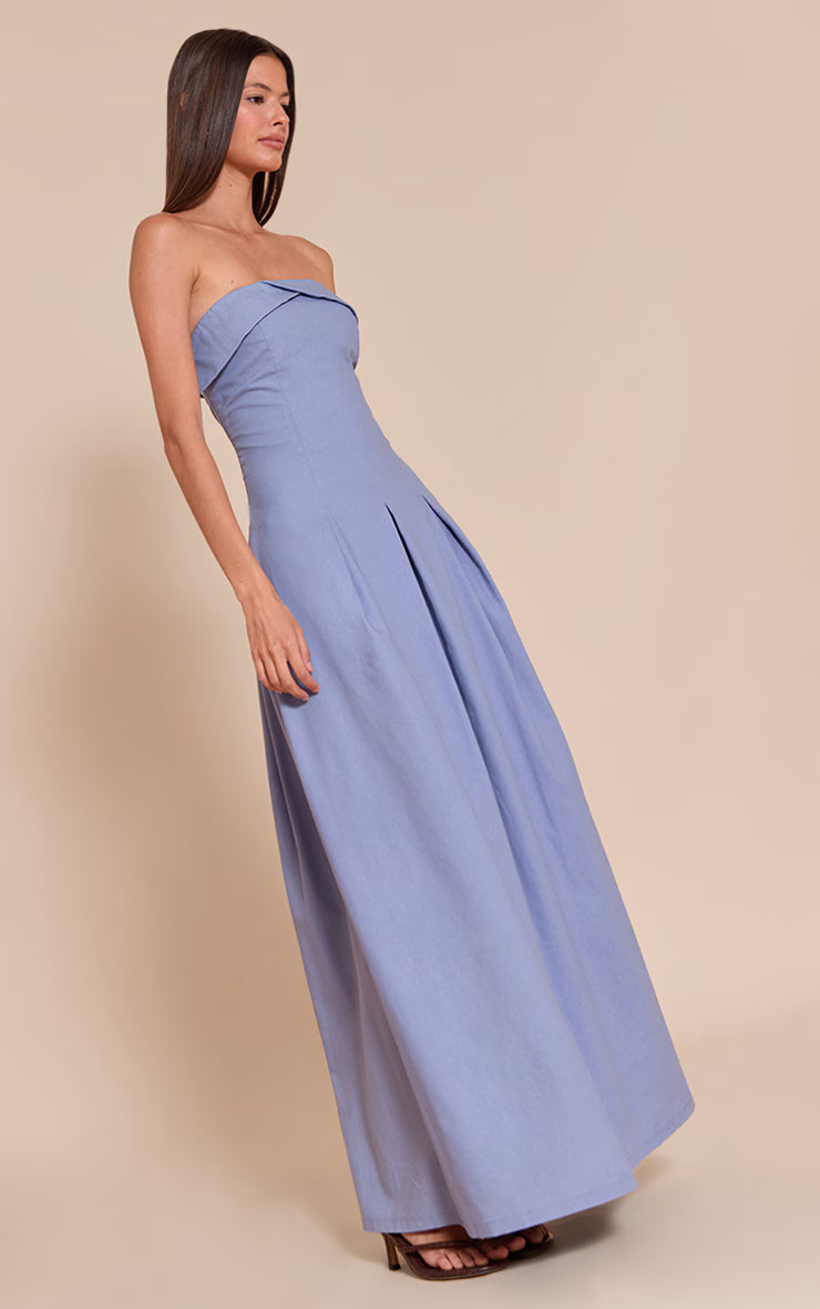 Light Blue Bandeau Pleated Midaxi Dress