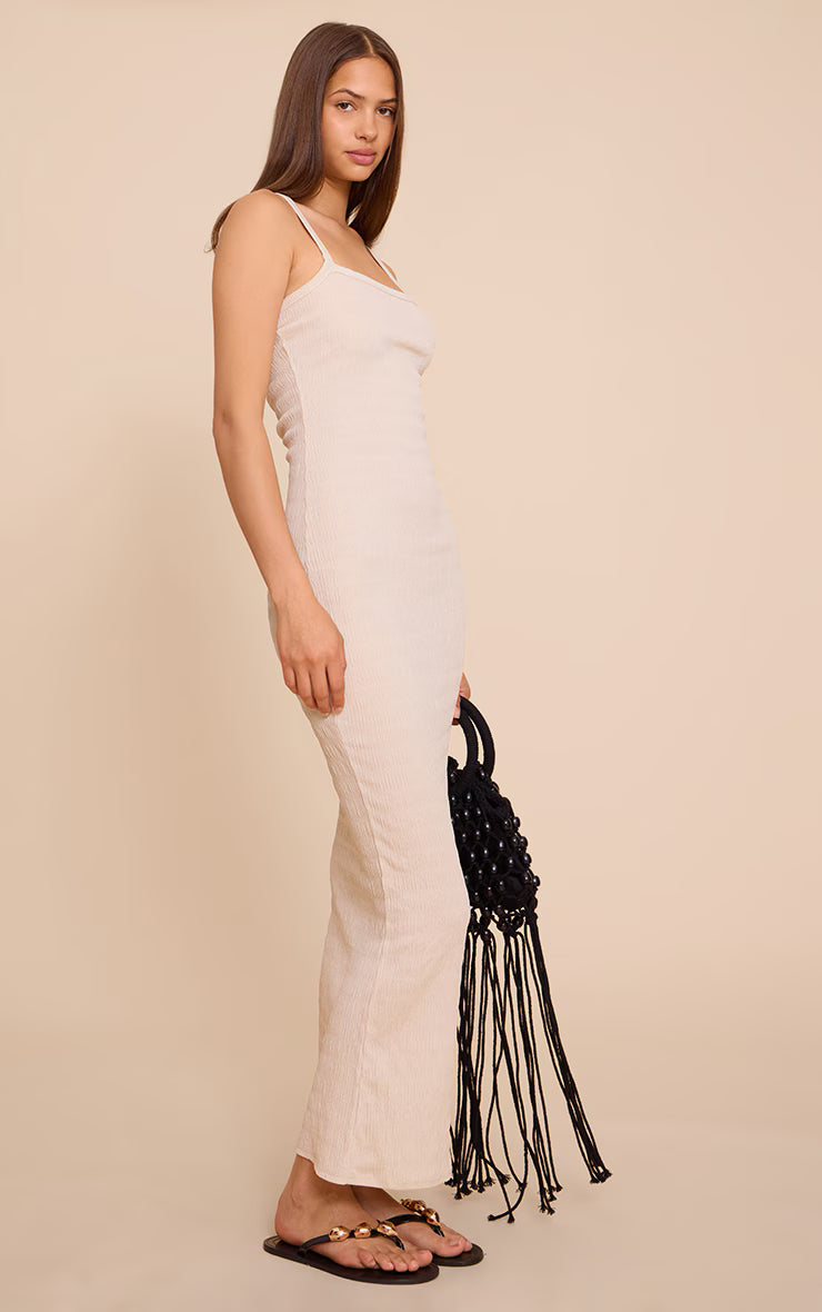 Cream Textured Scoop Neck Sleeveless Maxi Dress
