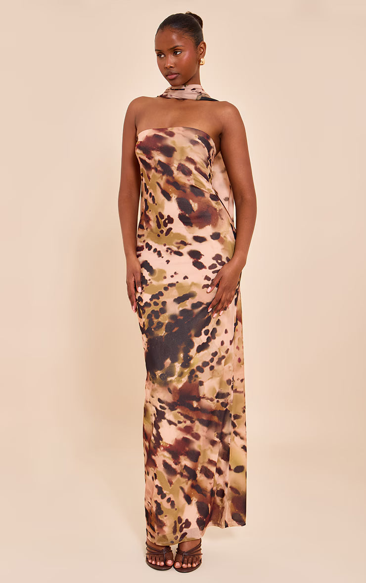 Pink Printed Bandeau Scarf Detail Maxi Dress