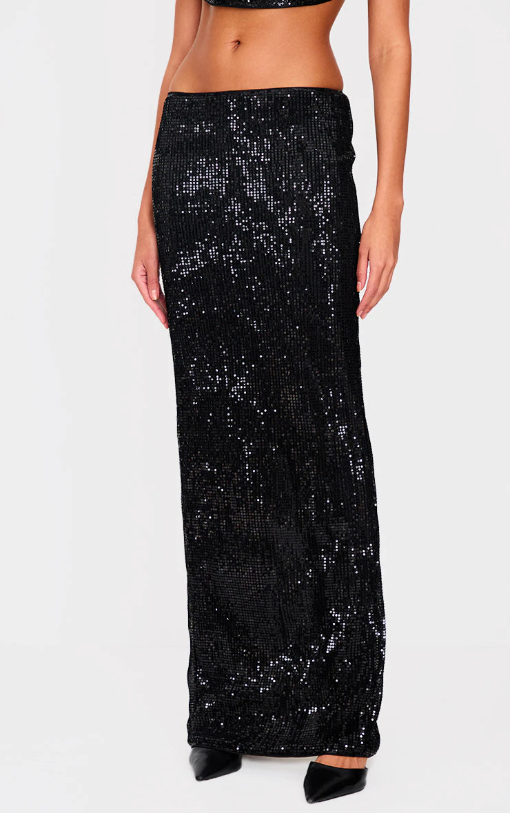 Black Sequin Mid Rise Maxi Skirt
