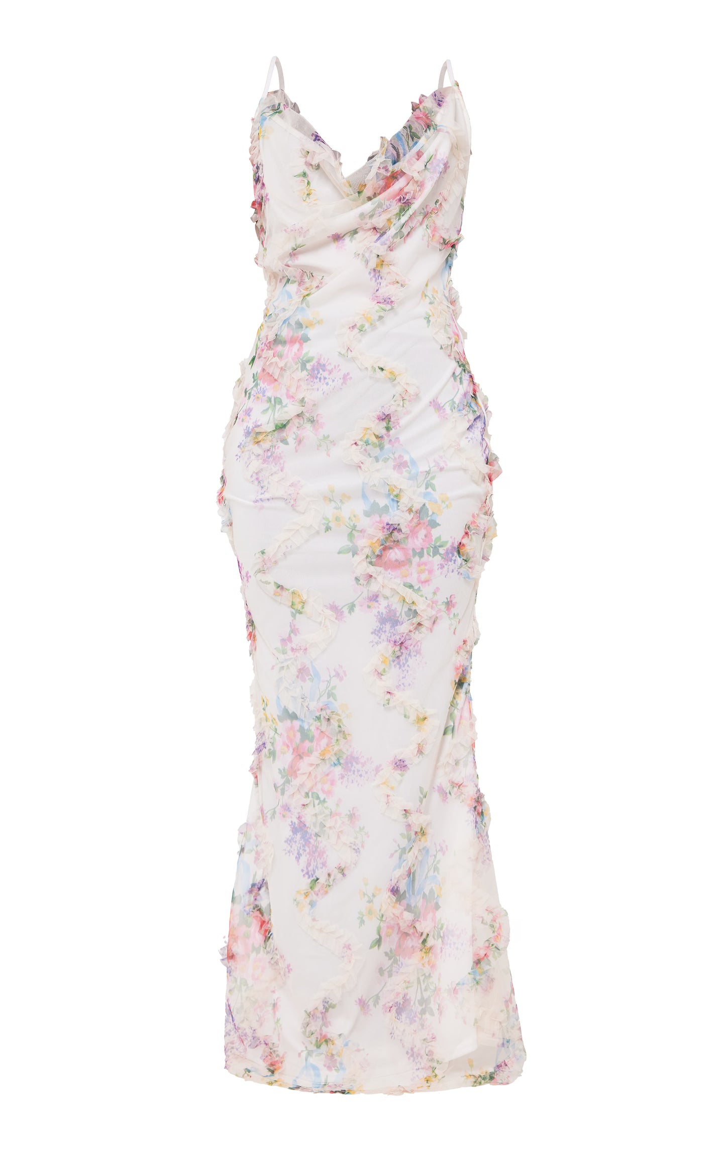 Multi Floral Printed Textured Cowl Neck Maxi Dress