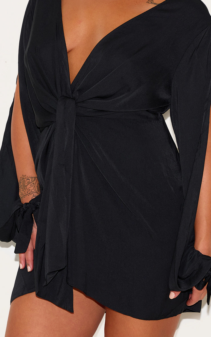 Plus Black Satin Twist Front Open Sleeve Wrap Dress