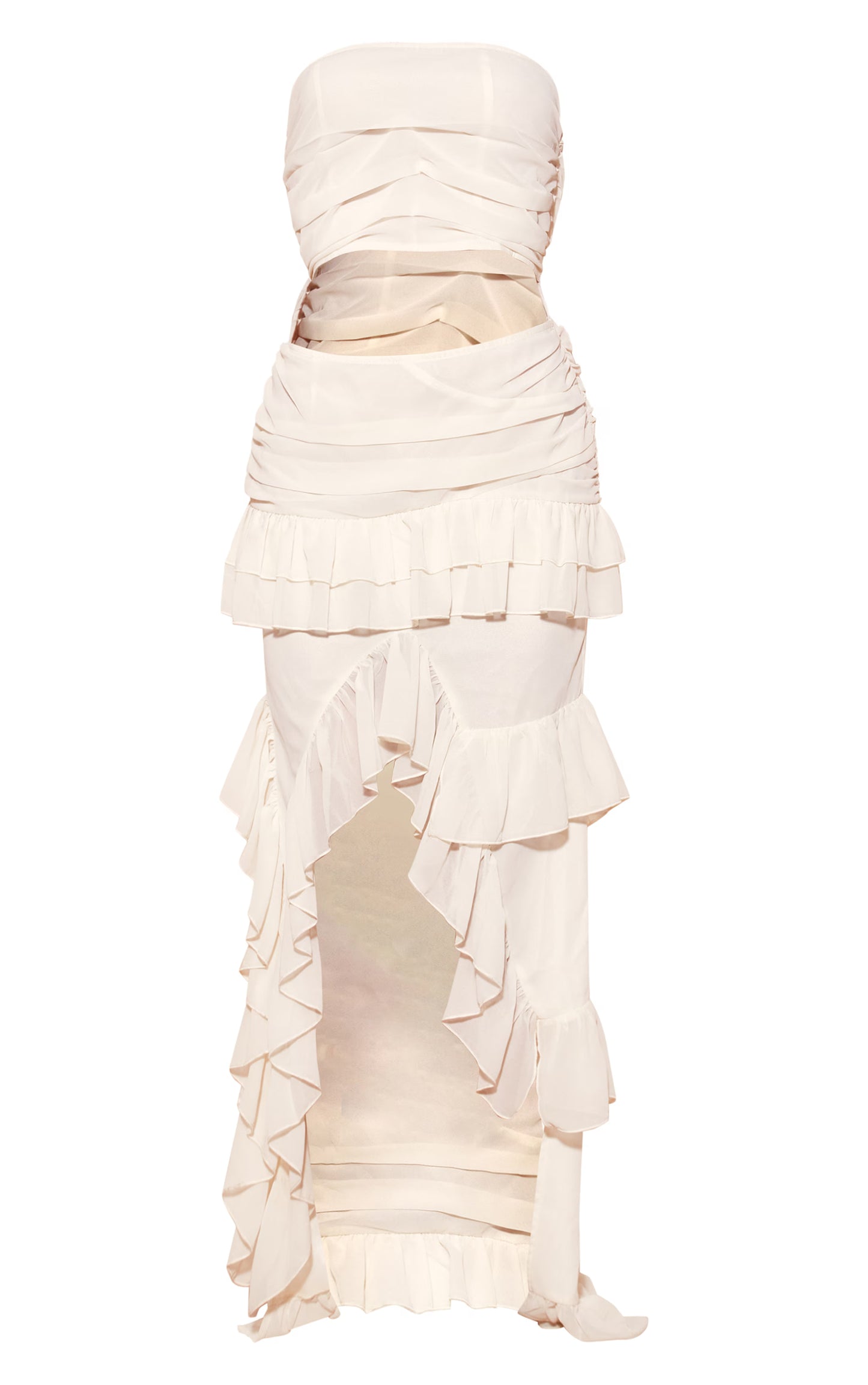Cream Chiffon Ruched Cut Out Asymmetric Hem Midi Dress