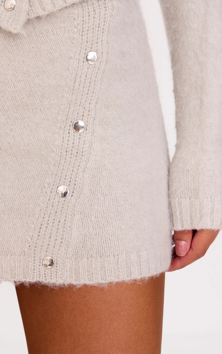 Grey Soft Knit Asymmetric Popper Detail Mini Skirt