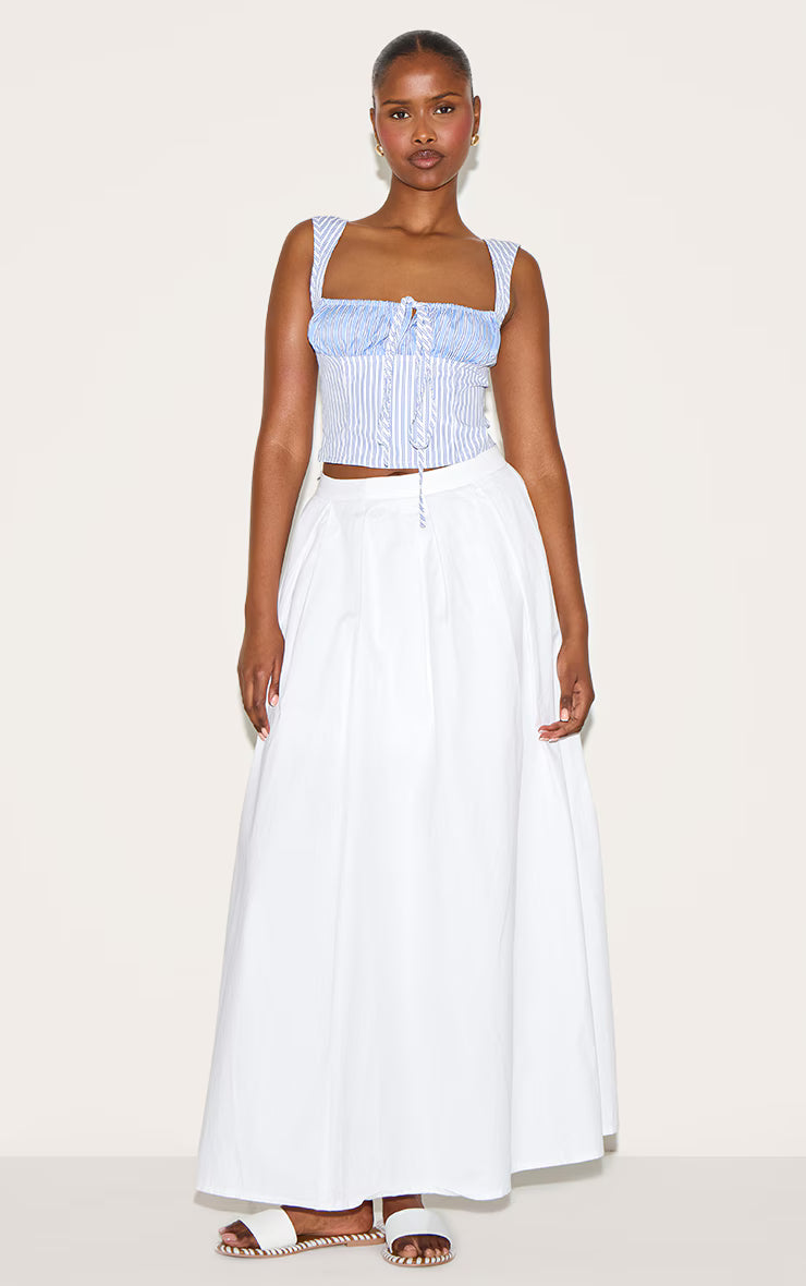 Sky Blue Cotton Contrast Striped Crop Top