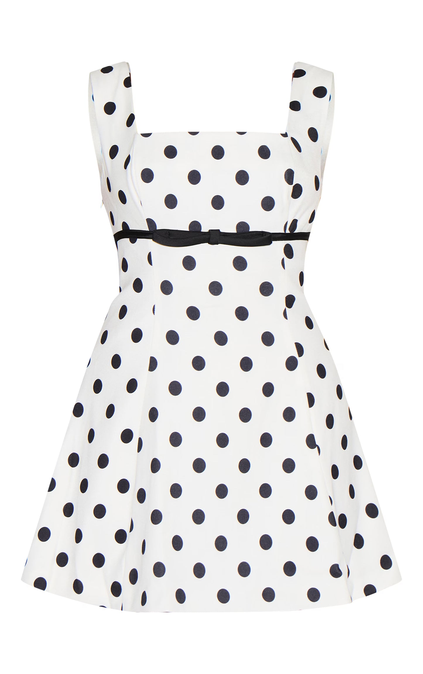 Shape White Polka Dot Square Neck Under Bust Bow Detail A-line Mini Dress
