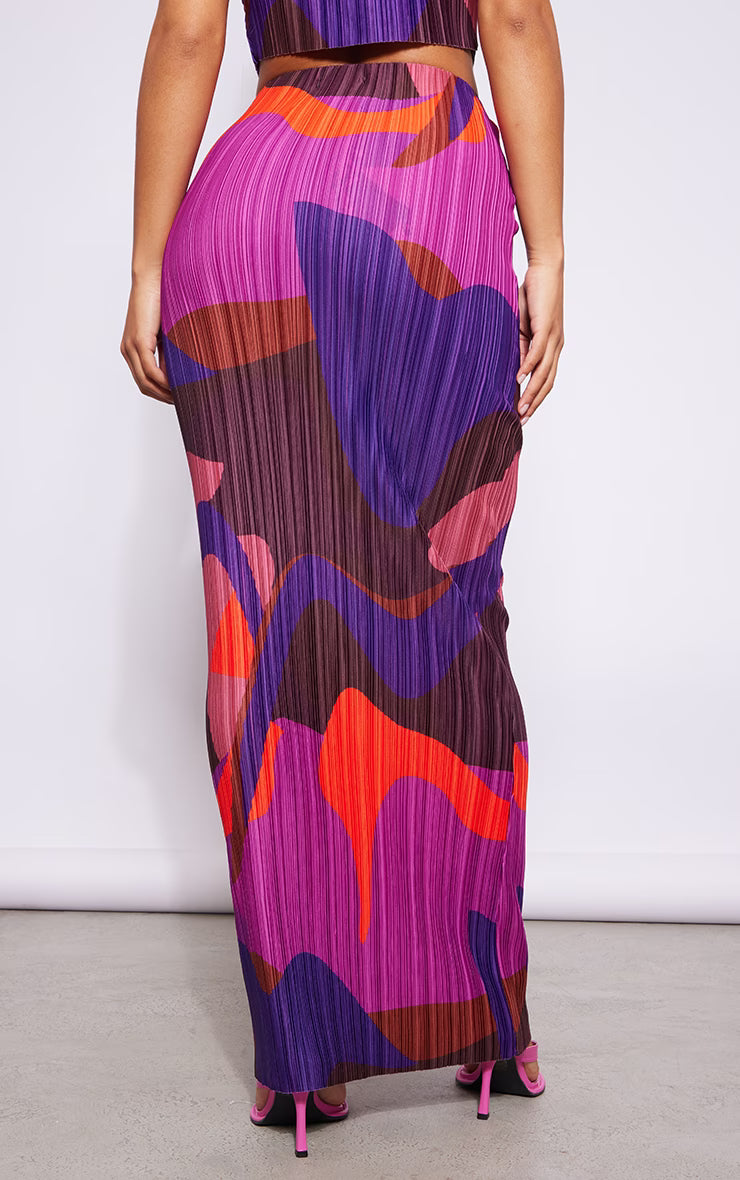 Pink Print Plisse Maxi Skirt