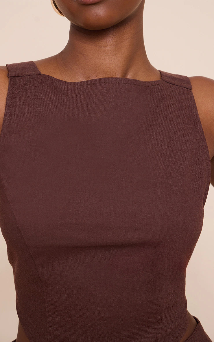 Dark Brown Linen Look Woven Open Back Top