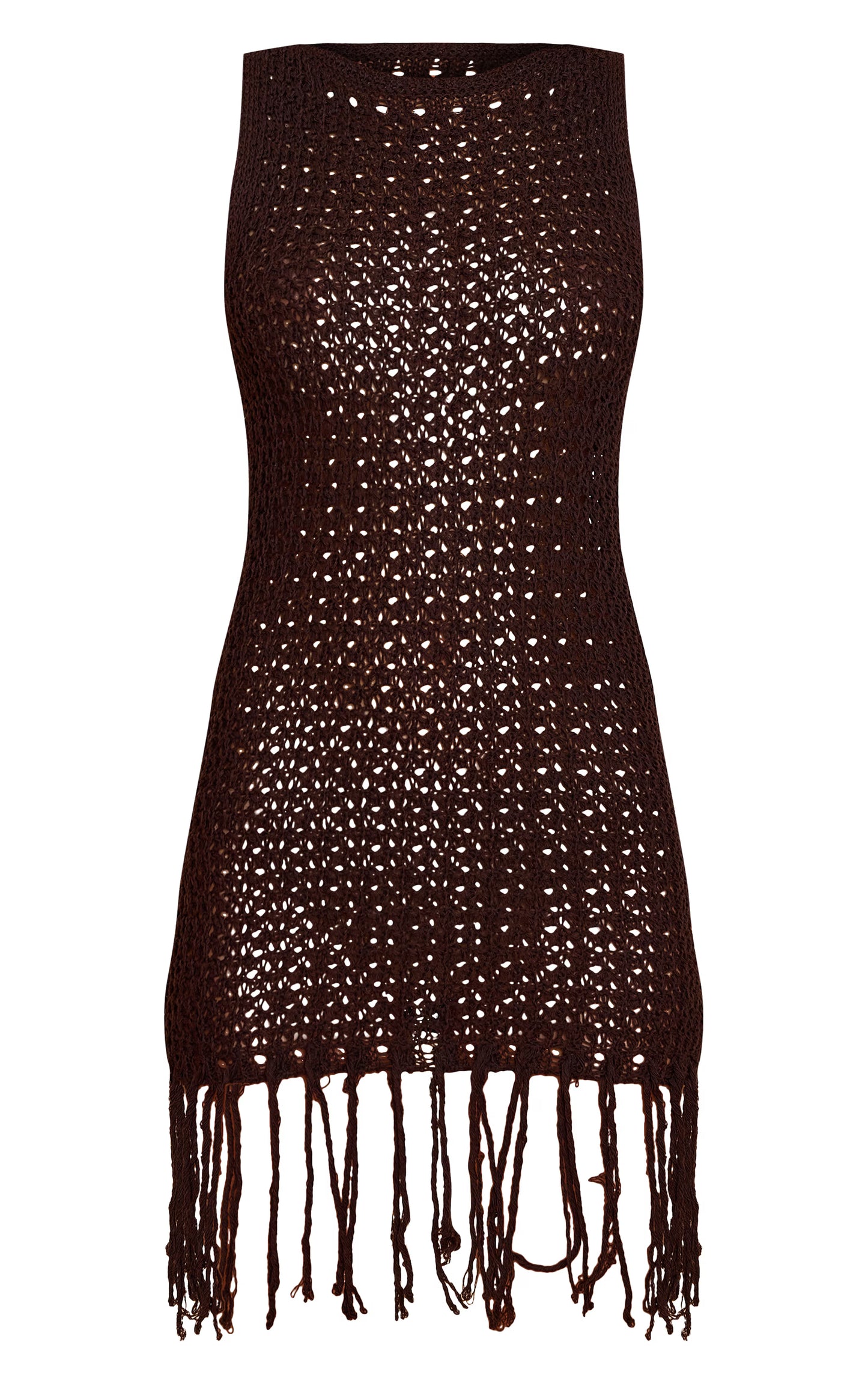 Chocolate Crochet Boat Neck Tassel Mini Dress