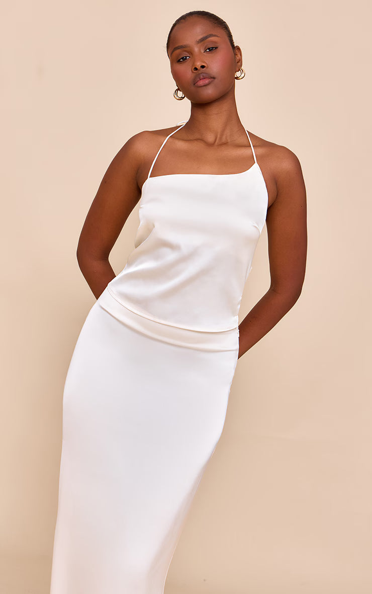 Cream Satin Halterneck Crop Top