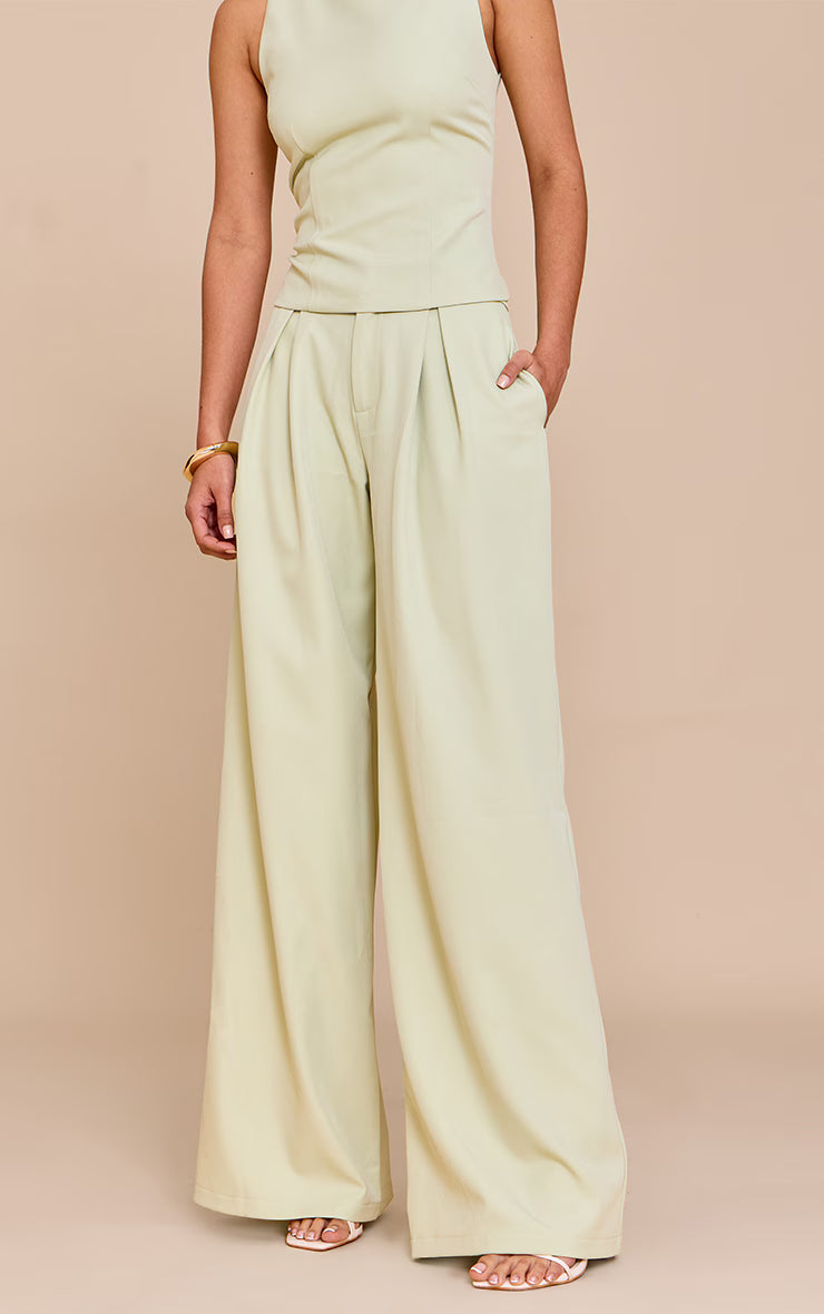 Pale Lime Woven Tailored Wide Leg Pants