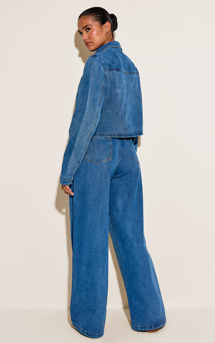 Mid Blue Relaxed Tie Waistband Wide Leg Jeans