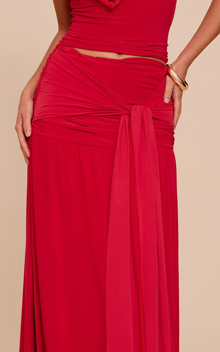 Tomato Red Double Layer Slinky Knot Drape Maxi Skirt