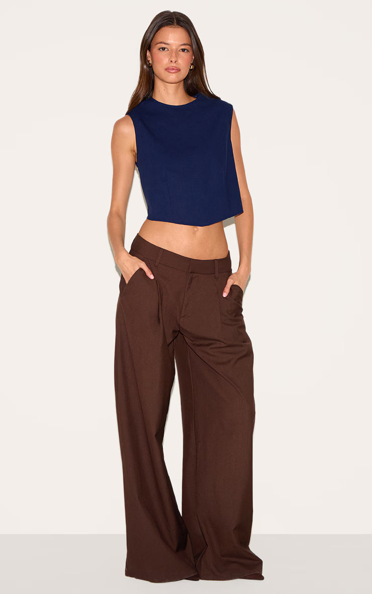 Navy Linen Look Boxy Pointed Hem Top