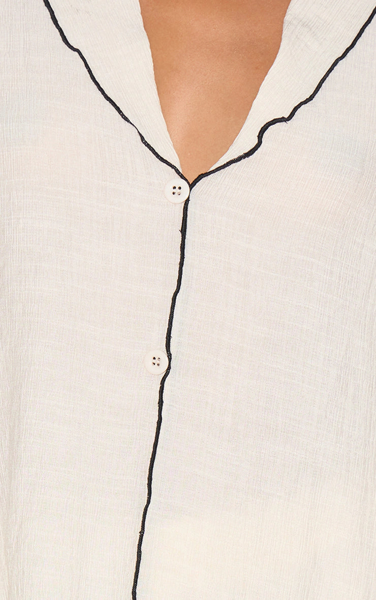 Sand Linen Look Textured Contrast Trim Oversized Shirt
