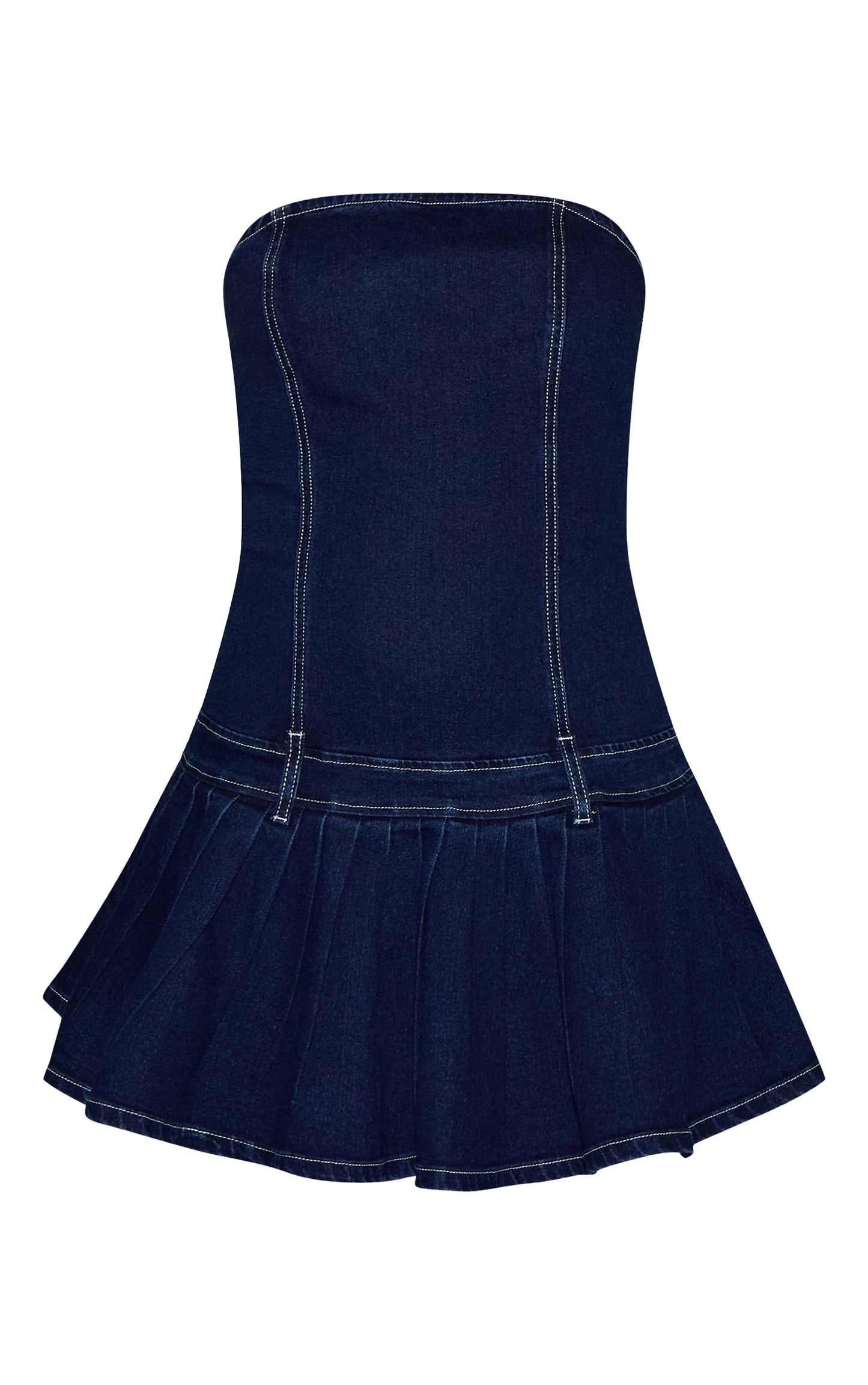 Indigo Bandeau Seam Detail Pleated Denim Mini Dress