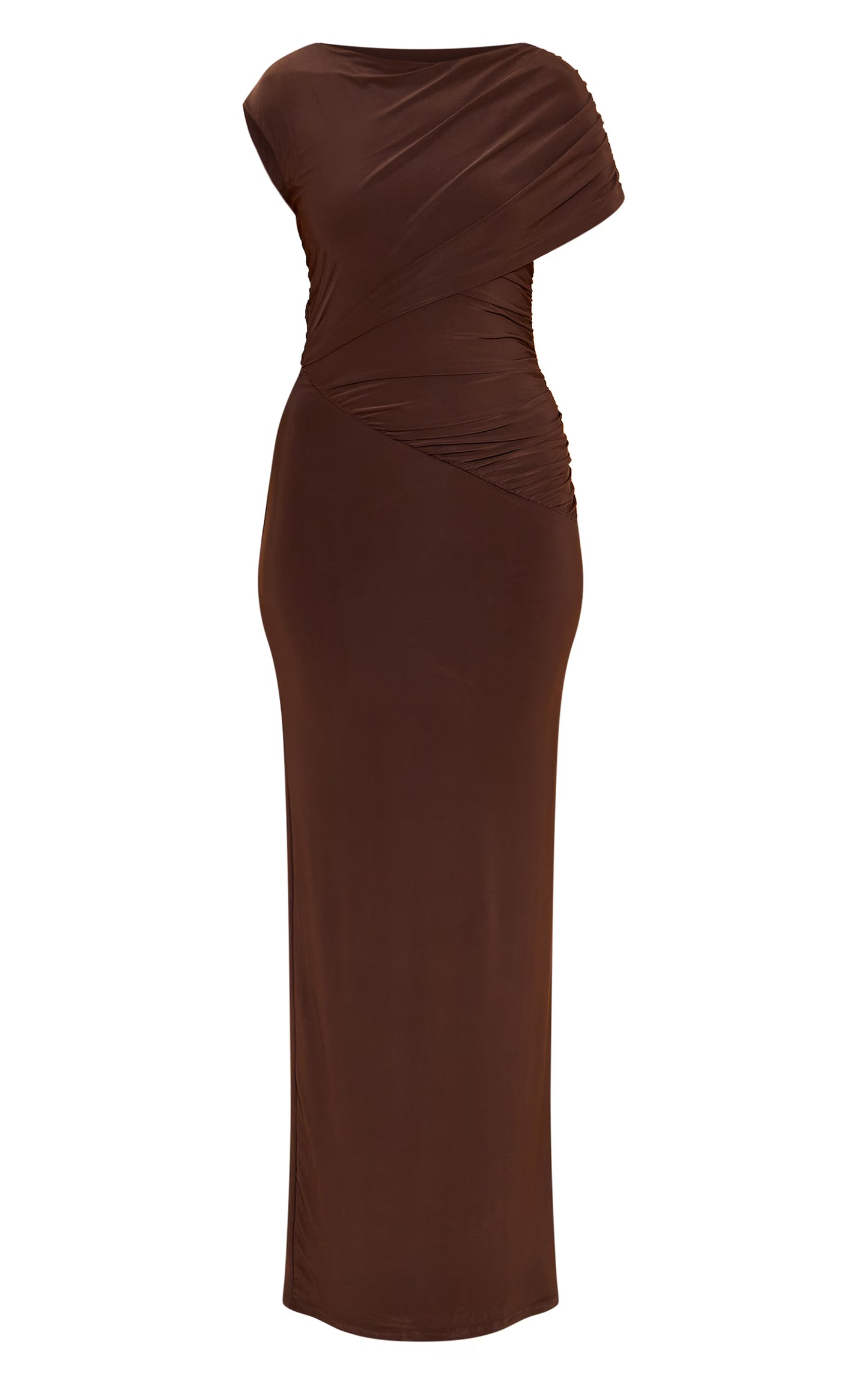 Chocolate Double Layer Slinky Off Shoulder Drape Maxi Dress