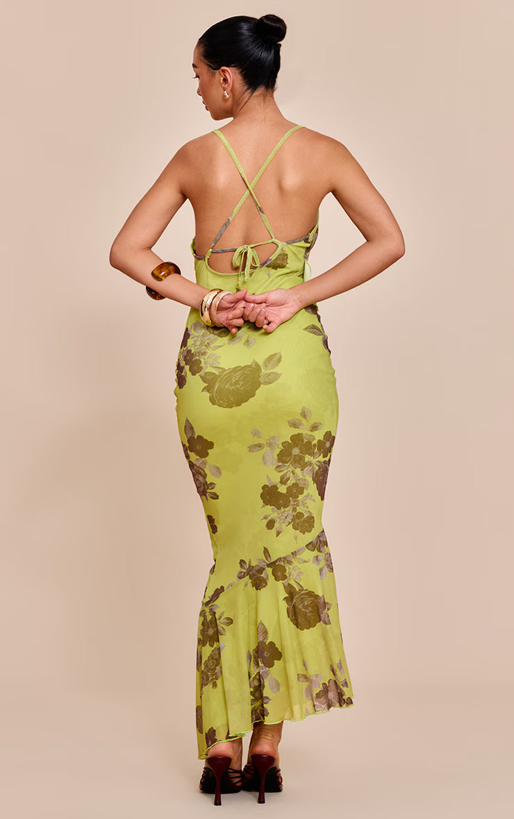 Green Floral Mesh Frill Cowl Back Maxi Dress