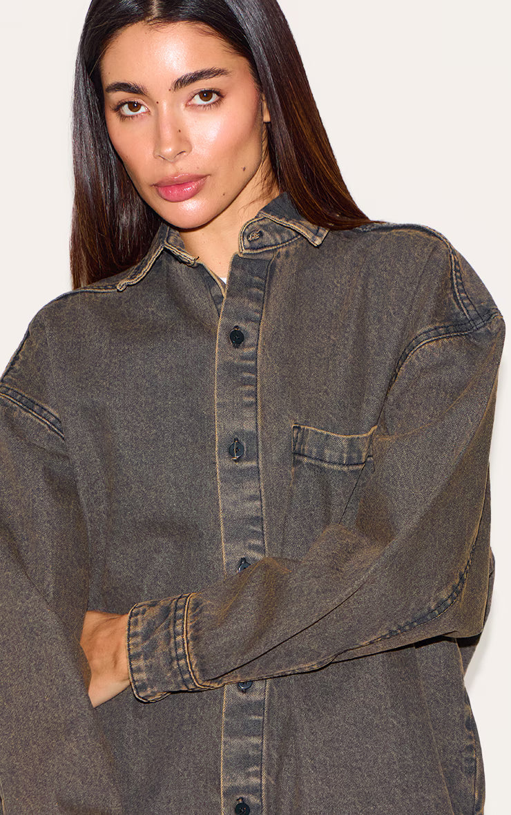 Vintage Brown Dip Hem Button Up Denim Shirt