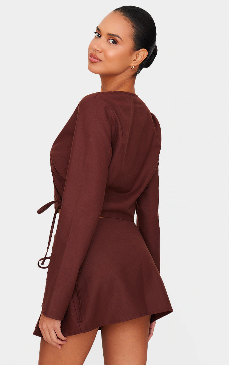 Chocolate Brushed Woven Tailored Wrap Tie Top