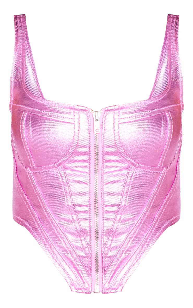 Pink Metallic Denim Stitch Detail Corset