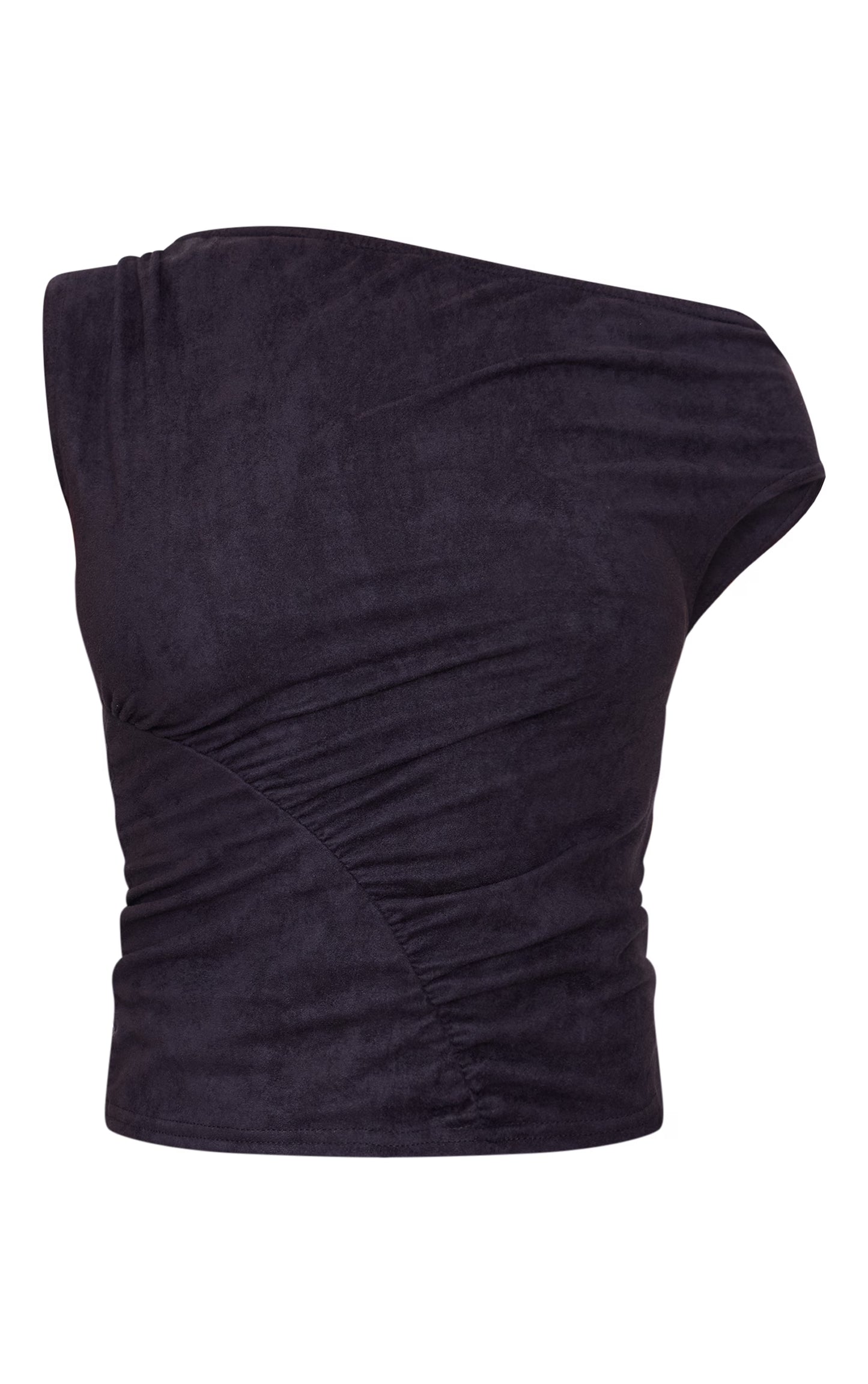Black Faux Suede Asymmetric Ruched Top