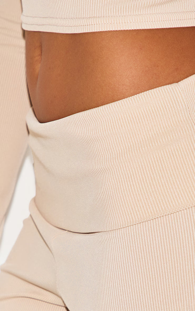 Beige Rib Low Rise Foldover Flared Pants