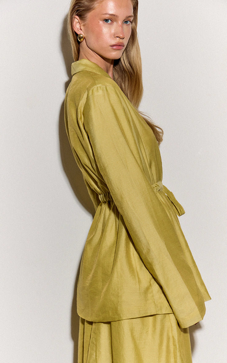 Pale Chartreuse Sheer Organza Tie Cinched Blazer