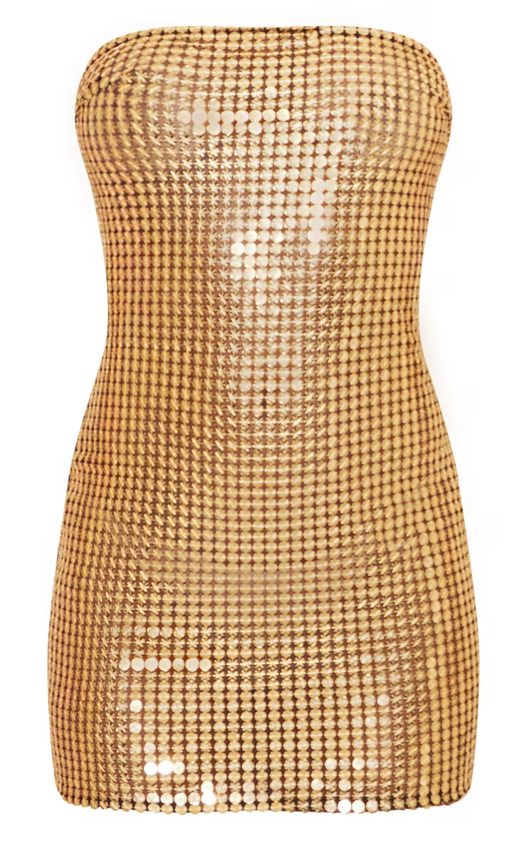 Gold Sheer Sequin Bandeau Bodycon Dress