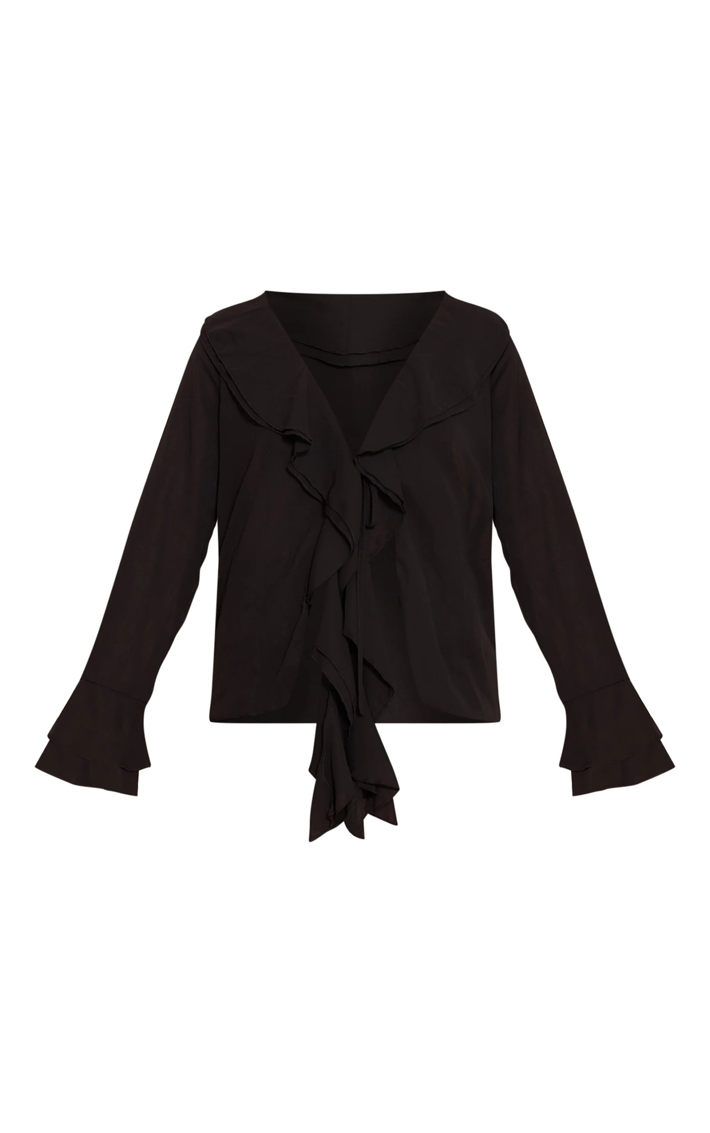 Black Chiffon Frill Plunge Long Sleeve Top