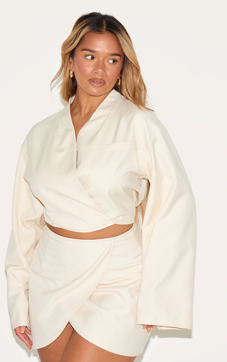 Shape White Tailored Wrap Ver Flared Sleeve Cropped Blazer Top
