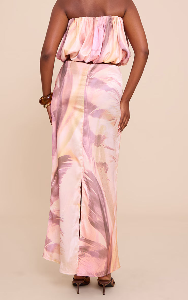 Multi Abstract Print Satin Mid Rise Maxi Skirt