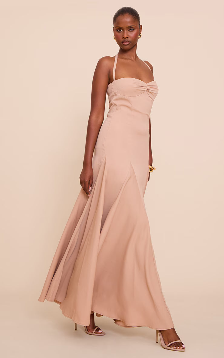 Taupe Woven Halterneck Ruched Bust Detail Maxi Dress