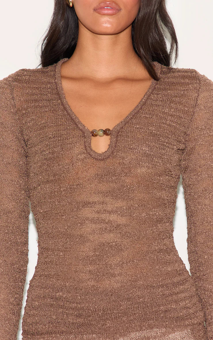Chocolate Sheer Bobble Crochet Long Sleeve Beaded Keyhole Cut Out Top