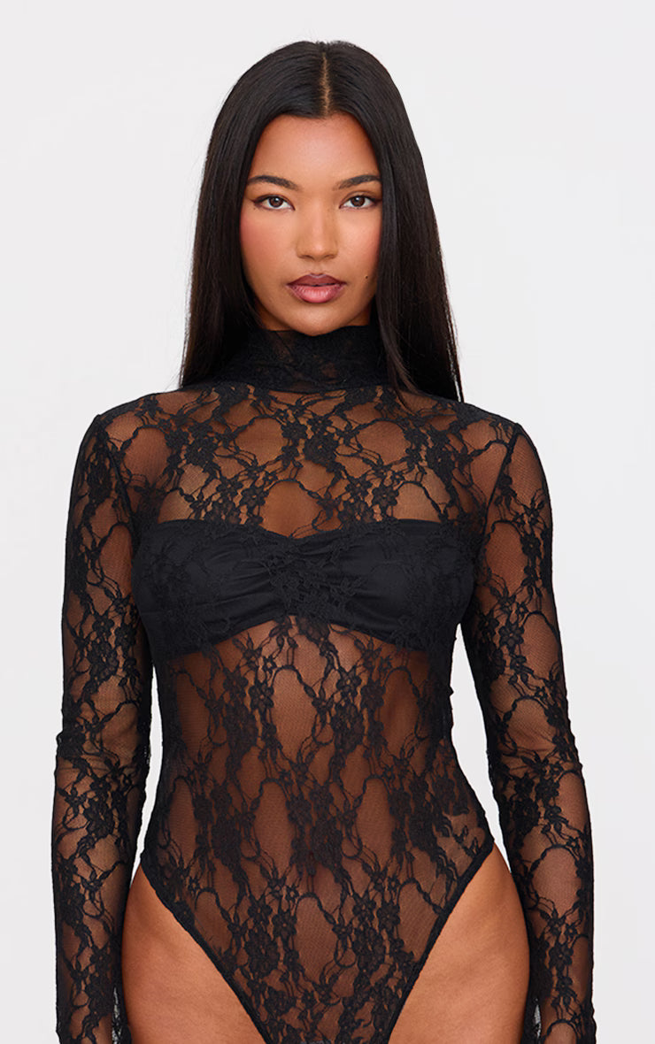Black Lace High Neck Long Sleeve Bodysuit