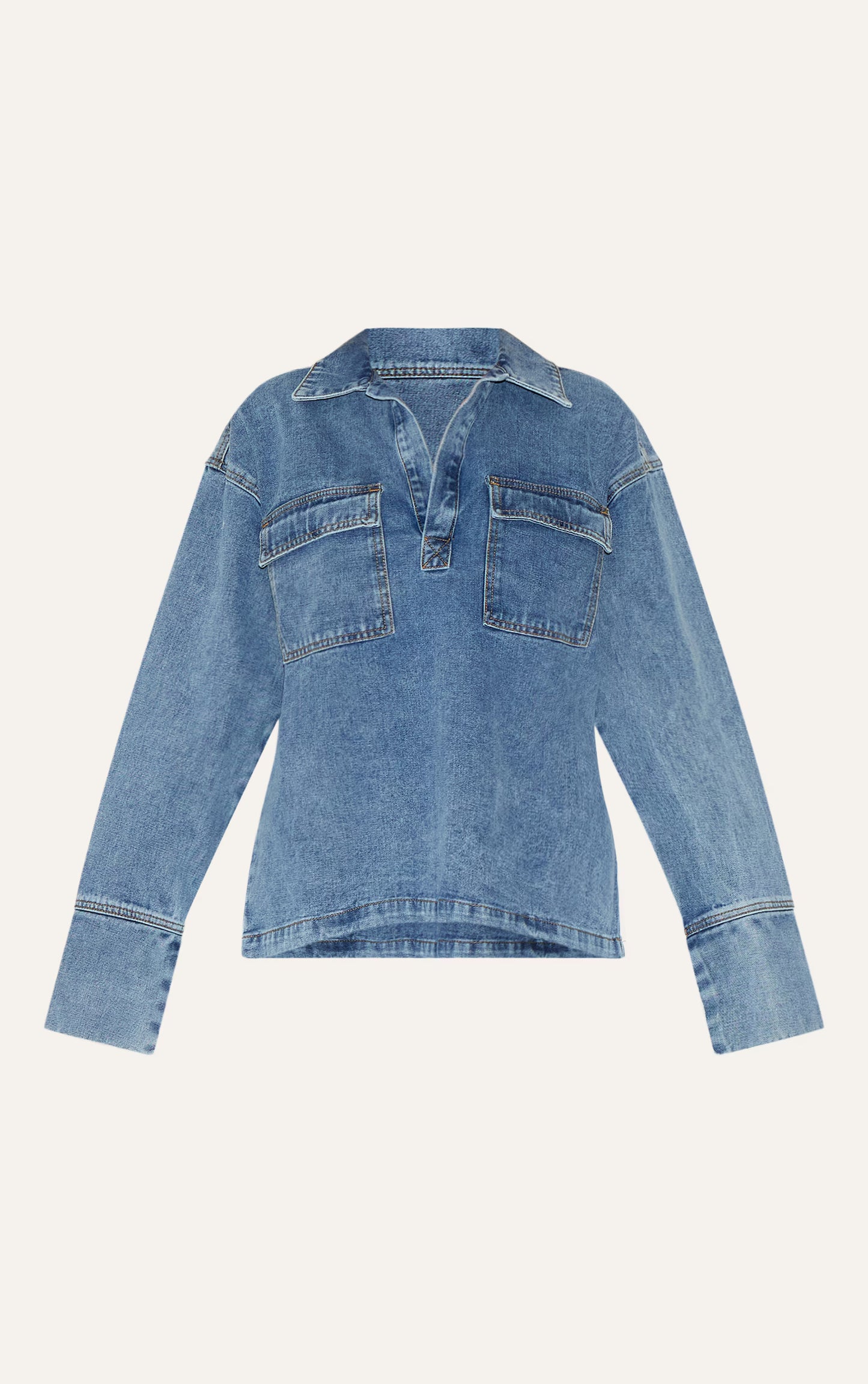 Vintage Blue Long Sleeve Slouchy Denim Rugby Shirt