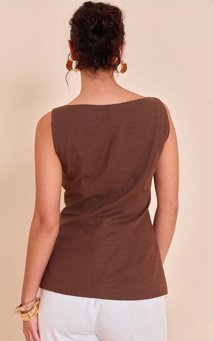 Chocolate Square Neck Linen Look Longline Vest